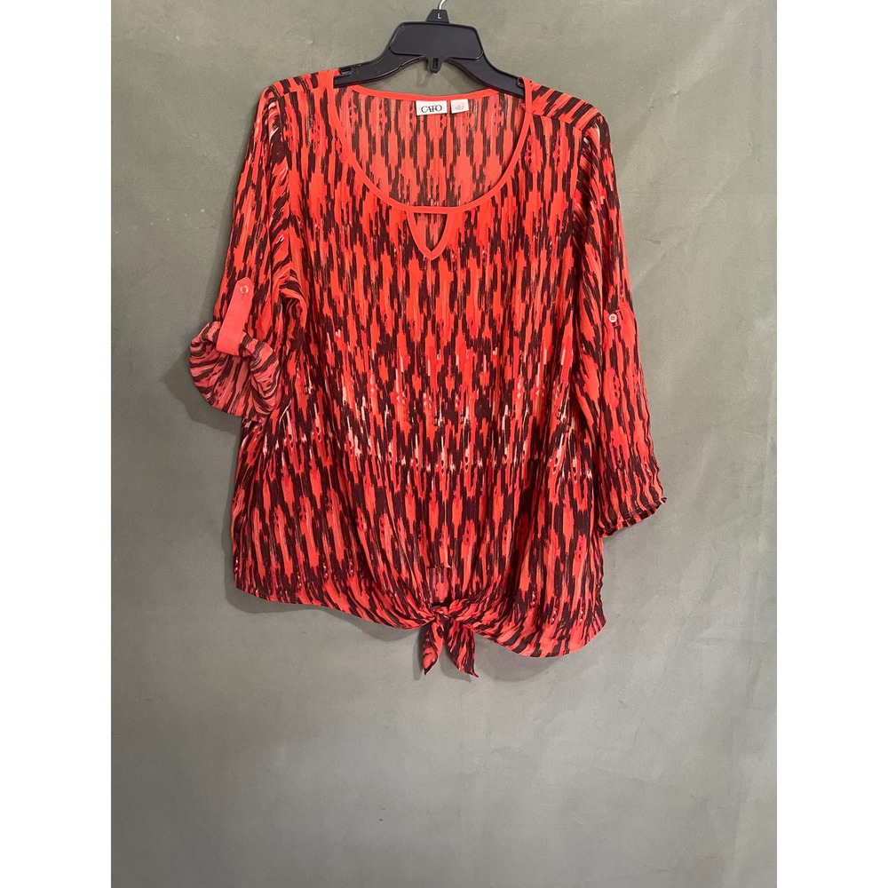 Cato Womens Red Black Abstract Ikat Tie Front Roll Tab Sleeve Blouse Large